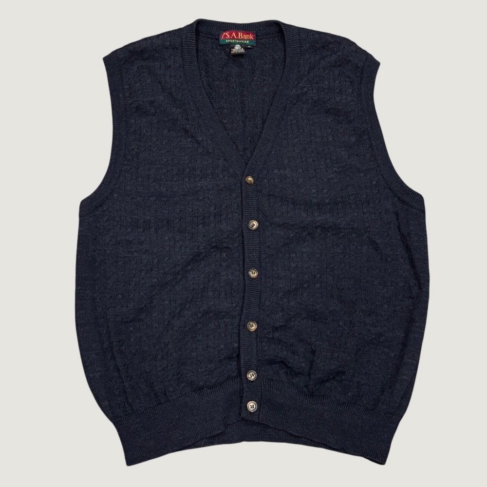 VTG 90s Jos. A. Bank Mens Navy Blue Merino Wool Button Cardigan Sweater Vest L